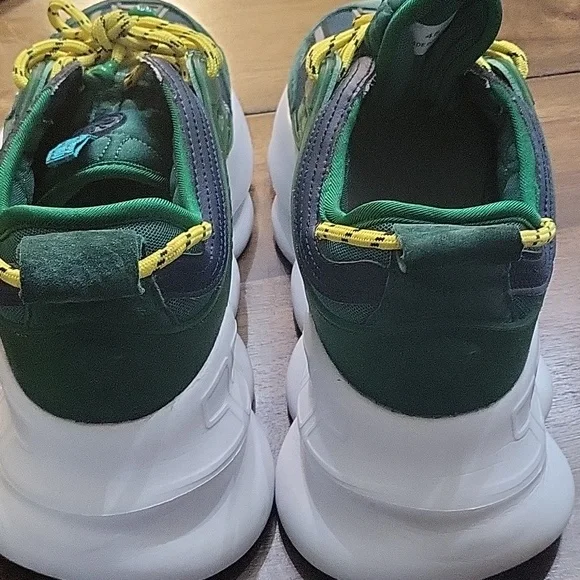 Versace Green Suede and Check Canvas Chain Reaction Sneakers Size 45 - Picture 2 of 4